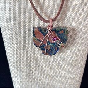 Artisan Wire Wrapped Jasper Bold Stone Pendant Necklace Handmade on Leather Cord